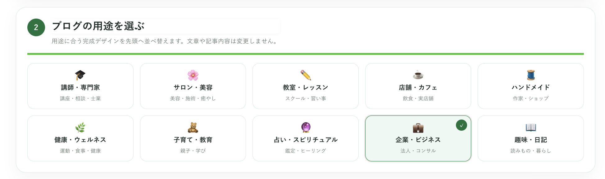 ブログの用途を選ぶ画面