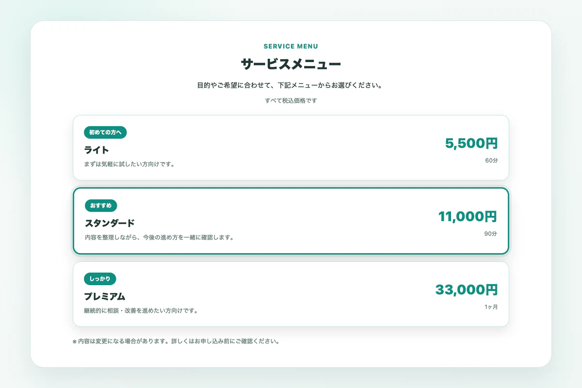ティールの縦並び表風リストで作成したメニュー一覧