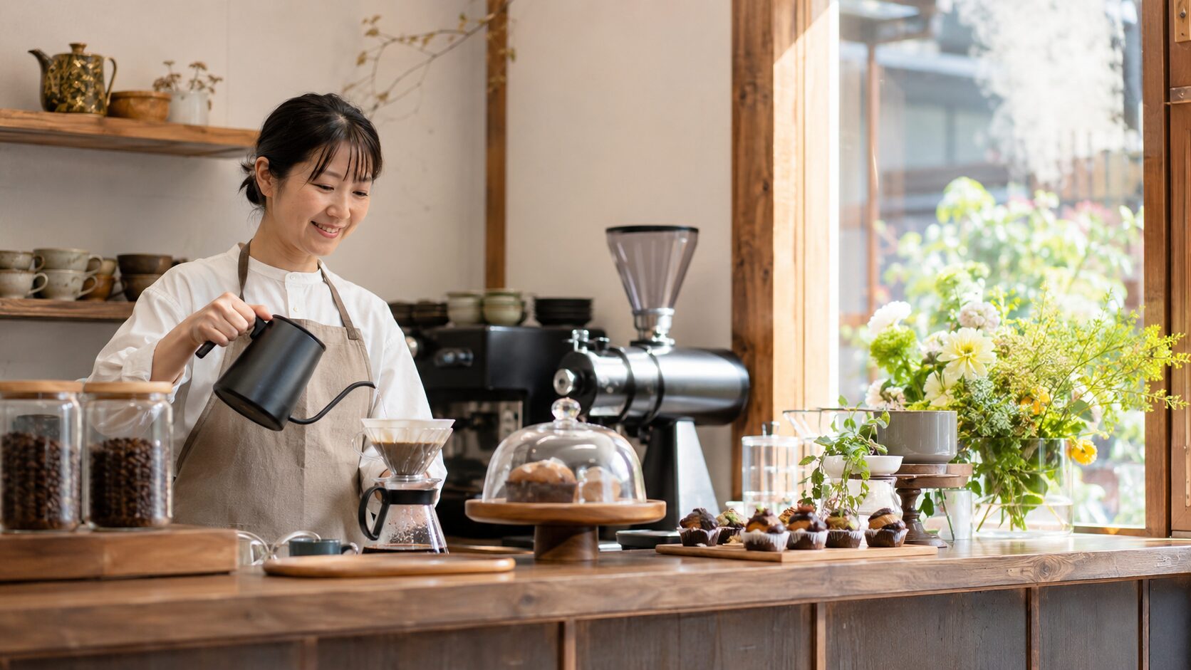 来店客と会話する個人カフェの運営者