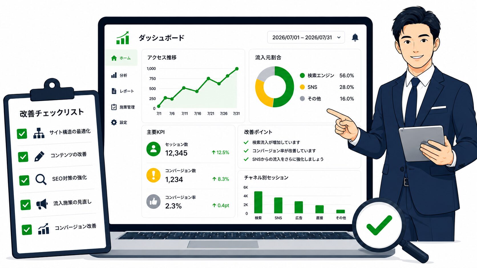 アクセス分析と改善項目を確認しながら集客施策を整理するコンサルティングのイメージ